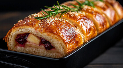 Wall Mural - Delicious baked pastry filled with apples and cherries garnished with rosemary on a dark wooden background