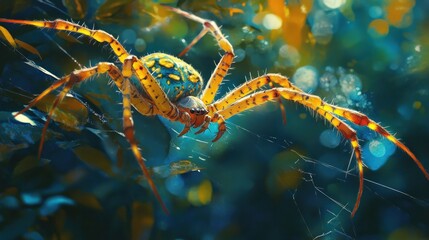 Wall Mural - close up macro photograph showcasing the intricate details and patterns of an orange and green spide