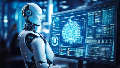 Poster - A futuristic humanoid robot intently monitors a large screen displaying complex data visualizations.  Perfect for illustrating concepts of AI, technology, robotics, automation, and the future of work.