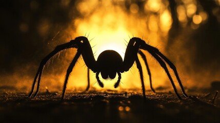 Wall Mural - Dramatic silhouette of a large spider creeping across the forest floor backlit by the warm glow of the setting sun  This moody