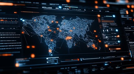 Aufkleber - a futuristic digital map displaying global network connections with bright nodes and data overlays, 