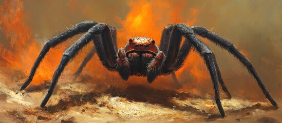 Wall Mural - Gigantic and terrifying arachnid predator emerging from the depths of a fiery apocalyptic volcanic landscape creating a sense of dread and danger