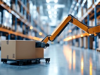 Poster - An advanced robotic arm efficiently handles packages in a modern warehouse, showcasing the integration of automation and technology in logistics and operations.