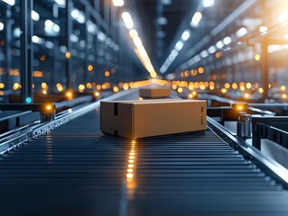 Poster - A close-up of a package moving along a conveyor belt in a modern warehouse setting, illuminated by soft lights