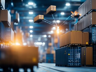Poster - Advanced logistics warehouse with stacked shipping containers and cranes, showcasing modern supply chain operations and efficient inventory management in a bustling environment.