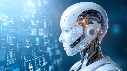 Poster - A futuristic robotic head showcasing advanced AI technology, illuminated circuitry, and digital data streams, symbolizing innovation and the future of artificial intelligence.