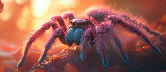 Wall Mural - Captivating close up image of a powerful fearsome looking tarantula spider with vibrant vivid coloring and intricate textured details  The spider s sharp fangs hairy legs
