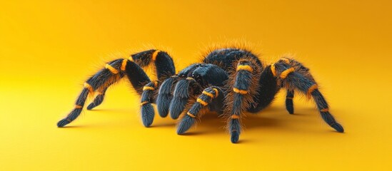 Wall Mural - Fierce and Hairy Tarantula Spider Crawling on Vivid Orange Studio Backdrop Close Up Macro Shot of Dangerous Arachnid Predator