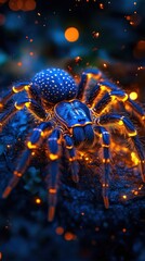 Wall Mural - Captivating close up of a vibrant blue tarantula against a blurred glowing night backdrop creating an eerie and atmospheric nature scene