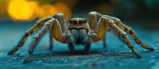 Wall Mural - Macro close up view of a hairy menacing spider crawling across a textured surface in a vibrant detailed scene  The spider s eyes fangs and legs are prominently displayed