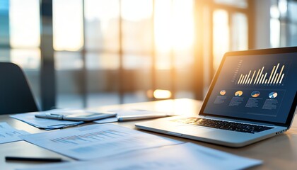 Poster - A modern workspace featuring a laptop displaying data analytics, accompanied by documents and a smartphone, all bathed in warm, natural light, conveying productivity and efficiency