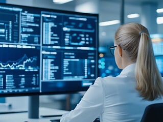 Aufkleber - A professional woman analyzing data on multiple monitors in a modern office setting