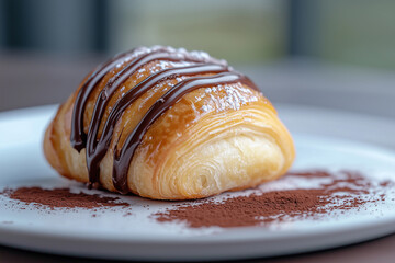 Wall Mural - Croissant with chocolate drizzle presented on a white plate in a cozy cafe setting during afternoon hours