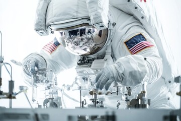 Poster - a person in a white space suit operates on a machine, likely in a scientific or industrial setting
