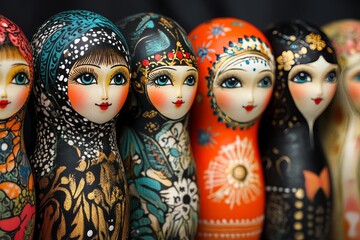 A collection of hand-painted Matryoshka dolls, each uniquely adorned in beautifully detailed attire, symbolizing heritage and artistic elegance.