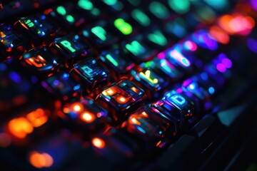 Poster - a close-up shot of a computer keyboard with colorful lights, ideal for tech-related concepts or futu