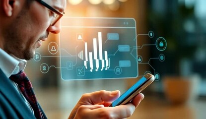 Aufkleber - AI-Powered Voice Search: Businessman Accessing Information Effortlessly via Smartphone and AI Chatbot. Streamlined communication, instant answers,    