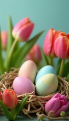 Poster - Pastel Easter eggs nestled amongst vibrant tulips , spring time, spring flowers