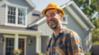 © INT888 - satisfied homeowner wearing hard hat, enjoying their DIY project results