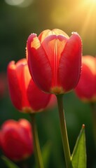 Poster - Close-up of dew-kissed tulips, sunlight reflecting , blossom, botanical