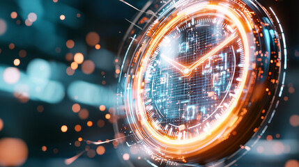 Fototapete - Abstract Glowing Digital Clock With Swirling Particles And Bokeh Lights