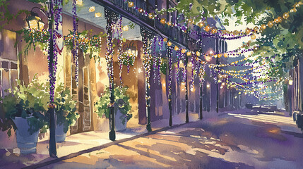 Wall Mural - Mardi Gras watercolor illustration of a quiet New Orleans street with festive lights and decorations. Concept of cultural celebration, festive atmosphere, artistic expression