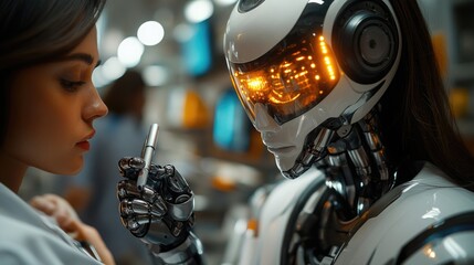 Poster - A person looks at their phone next to a robotic device, great for tech or sci-fi illustrations