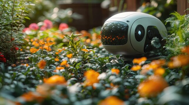 A robotic figure sits amidst a vibrant field of colorful flowers, suitable for technology-themed illustrations or futuristic scenarios