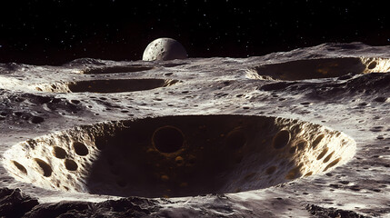 Wall Mural - futuristic moon base amidst craters and a distant celestial body. heavenly harbor. illustration