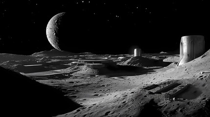 Wall Mural - futuristic moon base amidst craters and a distant celestial body. heavenly harbor. illustration
