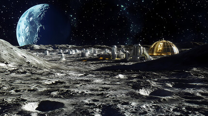 Wall Mural - futuristic moon base amidst craters and a distant celestial body. heavenly harbor. illustration