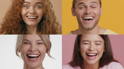 Poster - Four individuals with distinct features joyfully smile at the camera, showcasing their happiness. Each person is set against colorful backgrounds, reflecting diversity and positivity.
