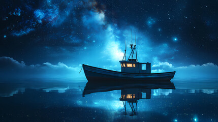 Wall Mural - Serene fishing boat rests on calm waters under starry night sky, reflecting celestial beauty around it. tranquil scene evokes sense of peace and wonder. Heavenly Harbor. Illustration