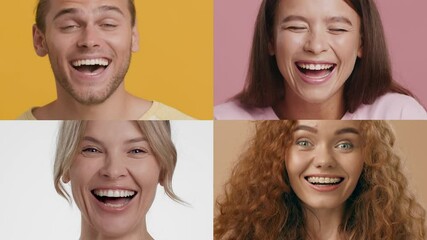 Poster - Four people of different backgrounds share infectious smiles and laughter. They are positioned against vibrant solid colors, creating a lively atmosphere filled with positivity.