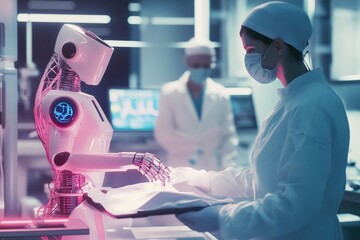 Poster - A woman in a white lab coat stands next to a robot, suitable for use in medical or technology contexts
