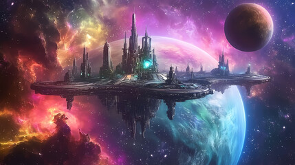 Wall Mural - a futuristic space station orbiting a colorful planet surrounded by nebulae and distant celestial bo