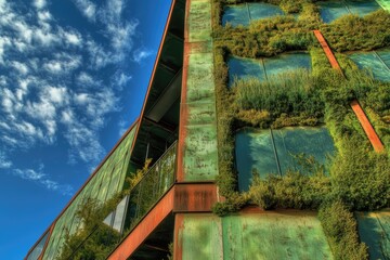 Sticker - A tall building covered in plants and greenery, perfect for use as a background or texture image