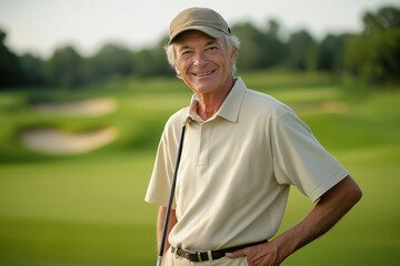 60-year-old man with grey hair, standing on a golf course with a club resting on his shoulder. He is wearing a collared golf shirt, beige slacks, and a cap