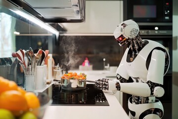 Poster - A robot preparing meal on a stove in a modern kitchen