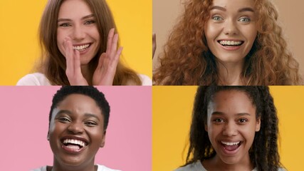 Poster - Four women with diverse hairstyles display vibrant, joyful expressions. Each subject smiles widely, showcasing happiness against bright yellow and pink backgrounds, capturing a moment of pure delight.