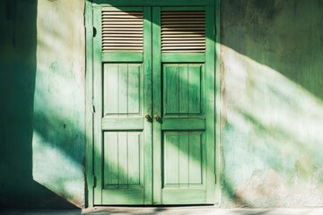 Poster - A small green door with shutters on a green wall, great for use in nature or outdoor themed designs