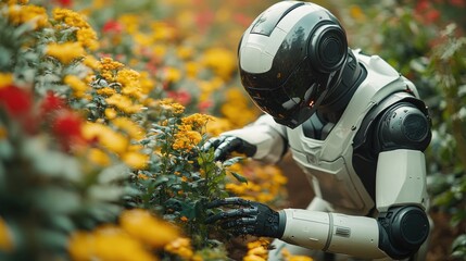 Poster - A robot surrounded by a colorful mix of yellow and red flowers, with a natural scenery