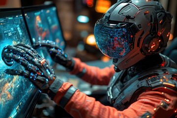 Poster - A person playing a video game on a futuristic computer setup