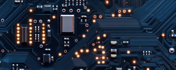 Poster - Detailed circuit board design showcases interconnected pathways and glowing elements emphasizing the complexity of modern technology and digital solutions. Ideal for tech-related themes