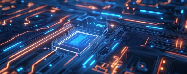 Poster - This abstract representation depicts a blue circuit board featuring luminous elements emphasizing modern technology and digital design. The glowing pathways create a futuristic atmosphere