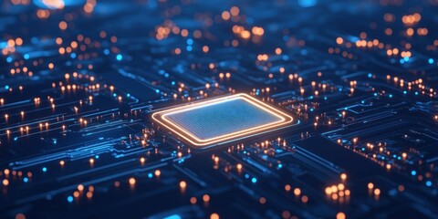 Poster - This abstract design features a blue circuit board illuminated with glowing elements representing technology and digital innovation. The intricate patterns evoke a sense of advanced tech
