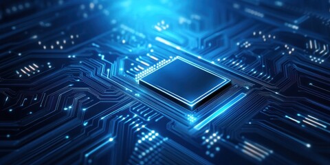 Poster - An abstract blue circuit board with luminous elements illustrates the complexity of digital technology. The intricate details reflect the modern advancements in electronics and computer systems