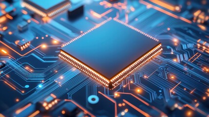 Poster - This abstract background features a blue circuit board design filled with intricate glowing elements representing advanced technology and digital innovation in a striking visual format