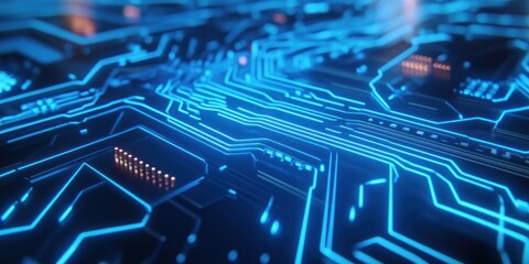 Poster - This abstract design features a blue circuit board with luminous pathways and glowing components symbolizing advanced technology and digital systems. Ideal for tech-related themes and graphics