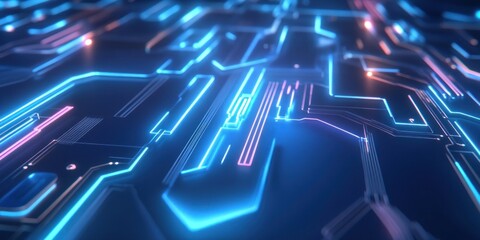 Poster - This abstract design showcases a blue circuit board with glowing elements creating a captivating visual that embodies technology and digital innovation